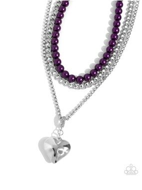N-97 paparazzi Purple Bead Multi-Strand Necklace with Silver Heart